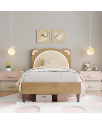 XL Upholstered Bed for Kids – Adjustable Headboard with LED Light, Wooden Slats, No Box Spring, Coffee