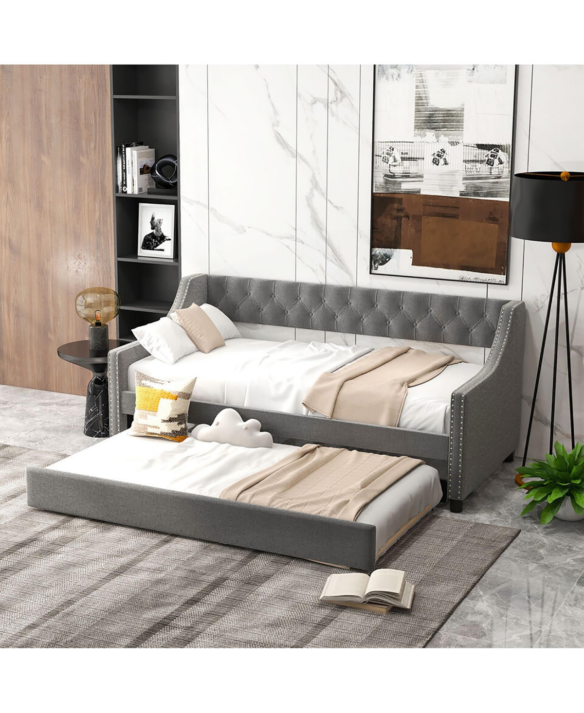 Gymax Twin Size Daybed w/ Trundle wingback Armrests & Button Tufted Backrest