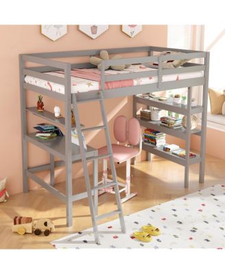 Twin Size Solid Wood Loft Bed w/ Desk & Bookshelves Ladder & Guardrails