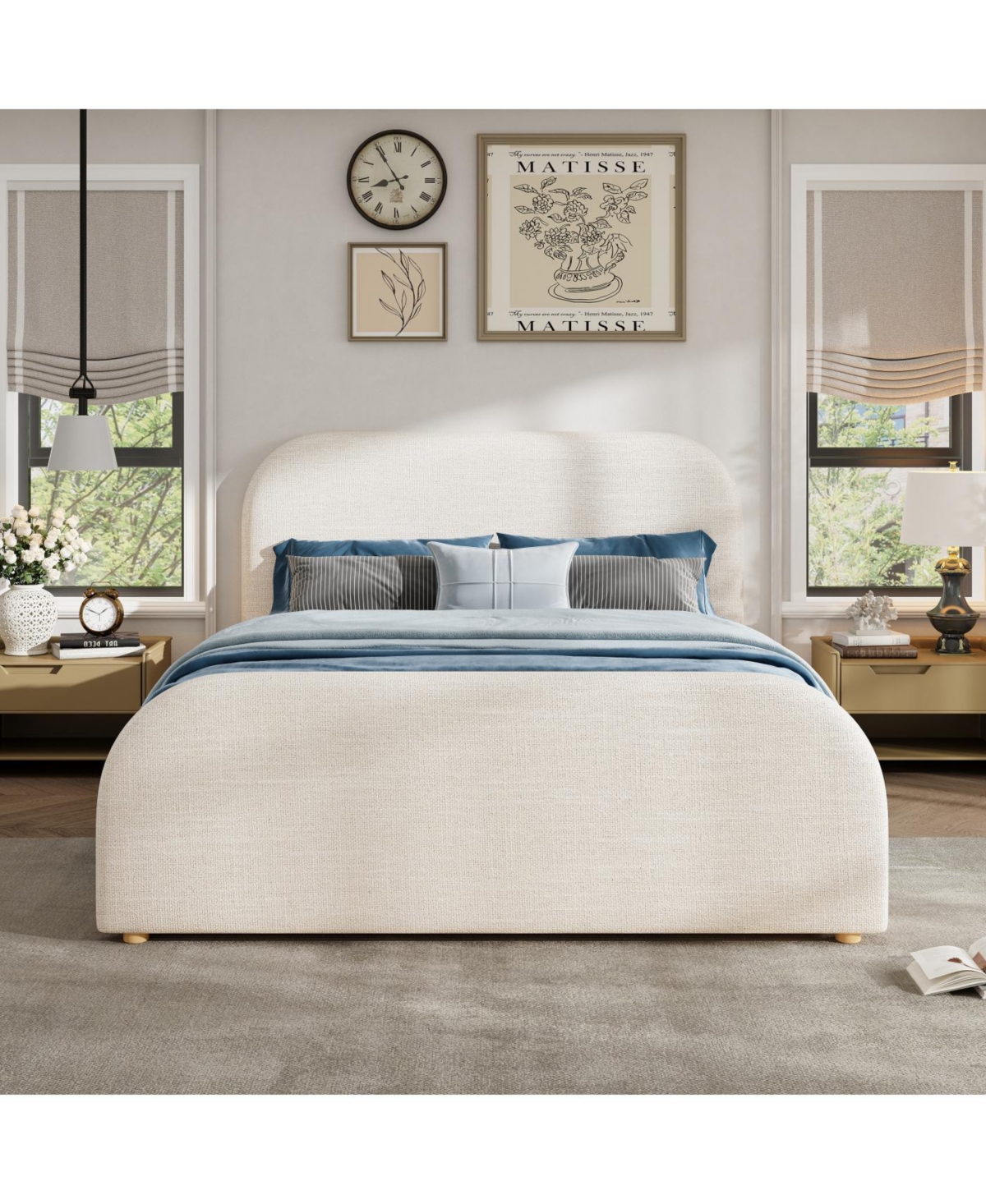 Streamdale Furniture Streamdale Queen Size Linen Upholstered Bed Frame with Curved Headboard, Beige