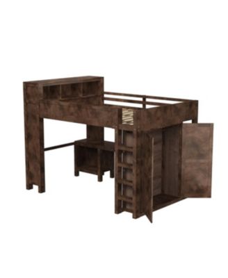 Wooden Queen Loft Bed with Wardrobe, Desk, Storage Headboard