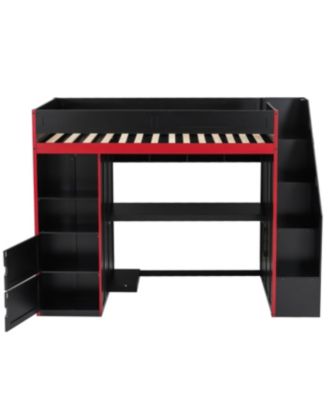 Gaming Loft Bed with Desk and Storage, LED Lights, Twin