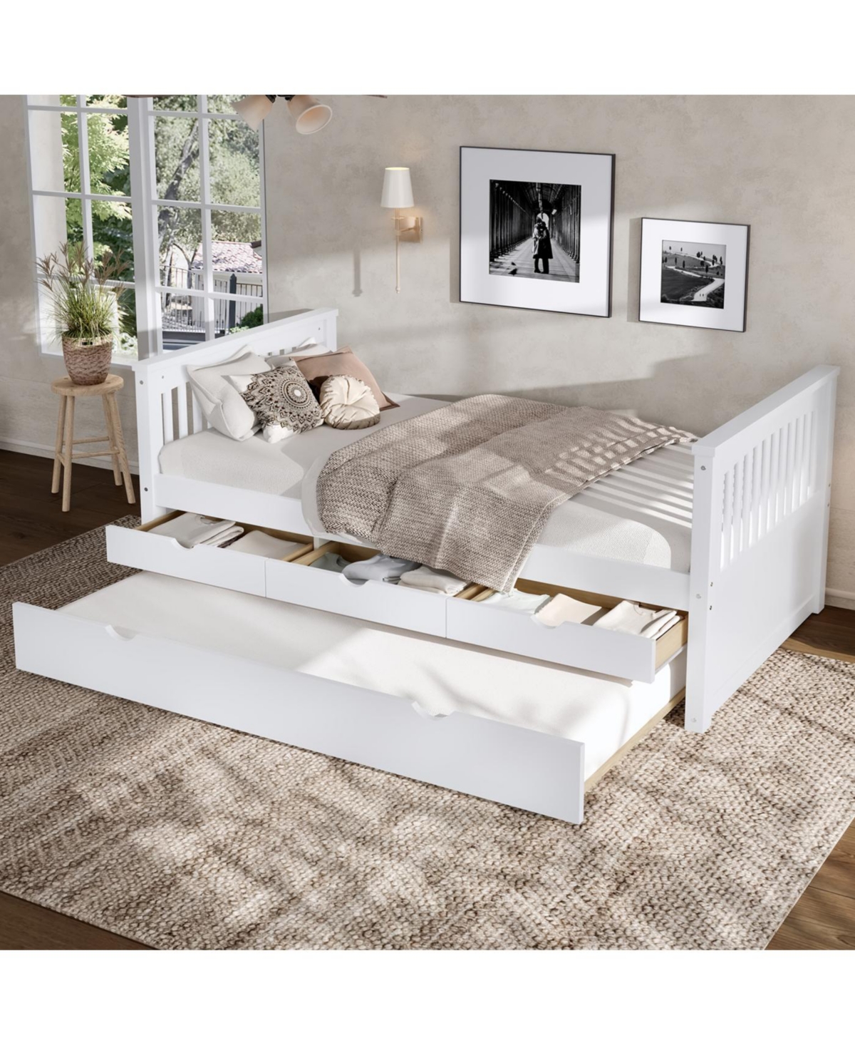 Streamdale Furniture Twin Platform Bed with Drawers, Trundle, Solid Wood Daybed, White