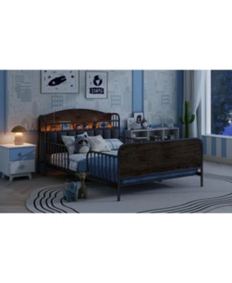 Streamdale Full Size Metal Platform Bed Frame with Storage Headboard, Black