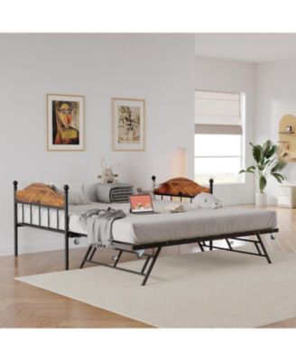 Metal Twin Bed Frame with Pop-Up Foldable Trundle, Sofa Bed with Stylish Headboard