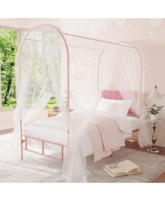 Twin Canopy Bed Frame with Upholstered Headboard, Arched Metal Design, Under-Bed Storage, Decorative Platform Bed