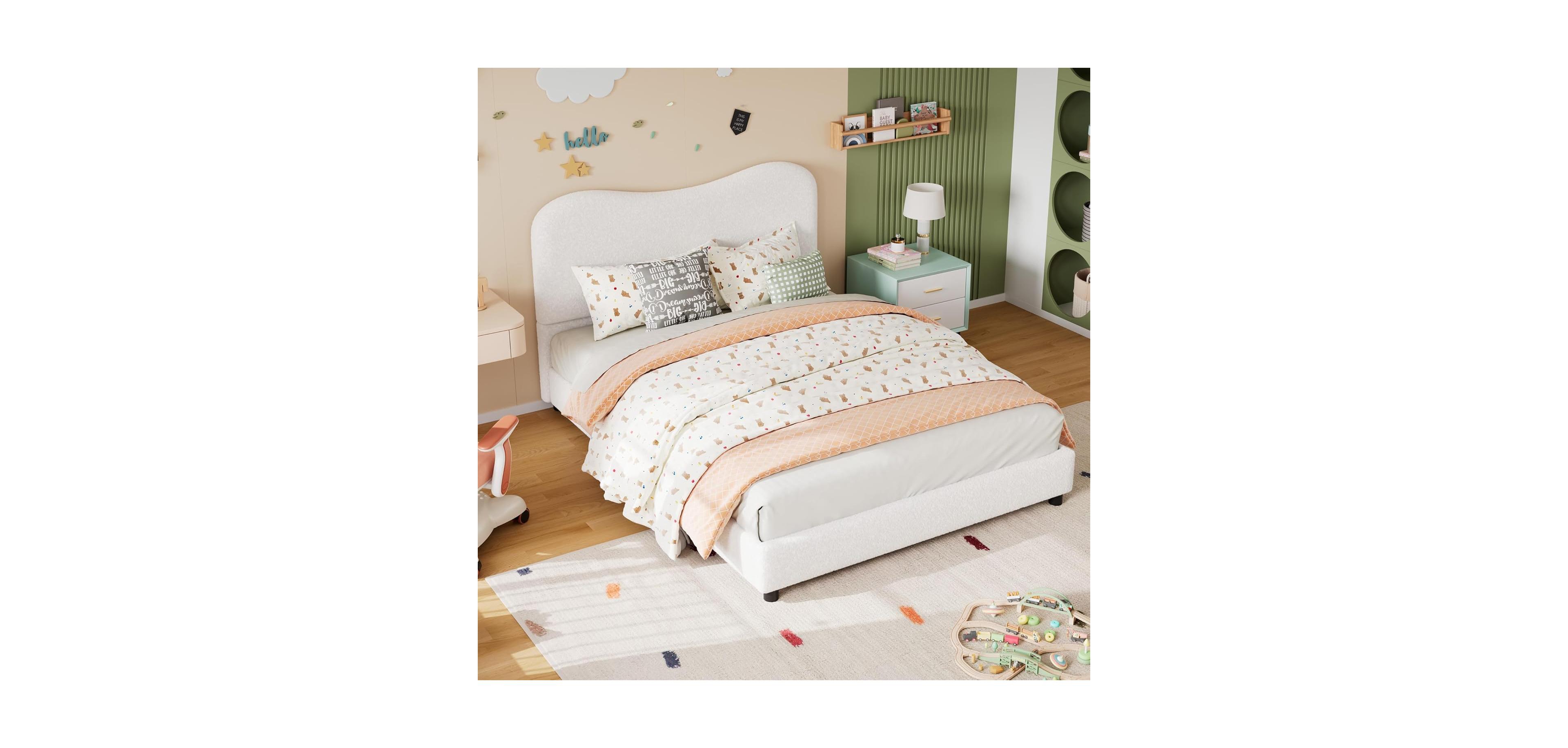 gaomon Twin Size White Velvet Upholstered Kids Bed Frame with Headboard, Low Profile, Strong Wooden Slats, Easy Assembly