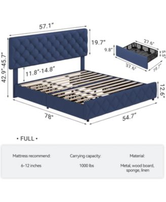 Full Size Bed Frame 4 Storage Drawers and Headboard Linen Upholstered Diamond Tufted Easy Assembly Noise-Free