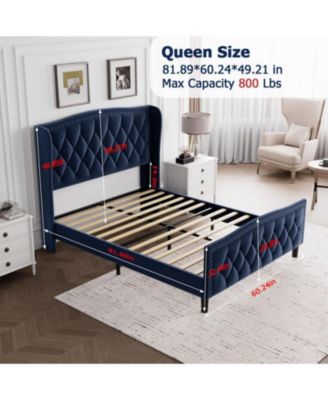Queen Size Bed Frame with Tufted Wingback Headboard Elegant Upholstered Bed Frame , Noise-Free