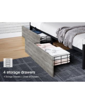 Full Bed Frame with Headboard Industrial Platform Charging Station 4 Storage Drawers Metal Slats Grey