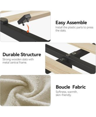 Full Size Boucle Upholstered Platform Bed Frame with Storage Headboard Bookcase 2 Drawers No Box Spring Beige White