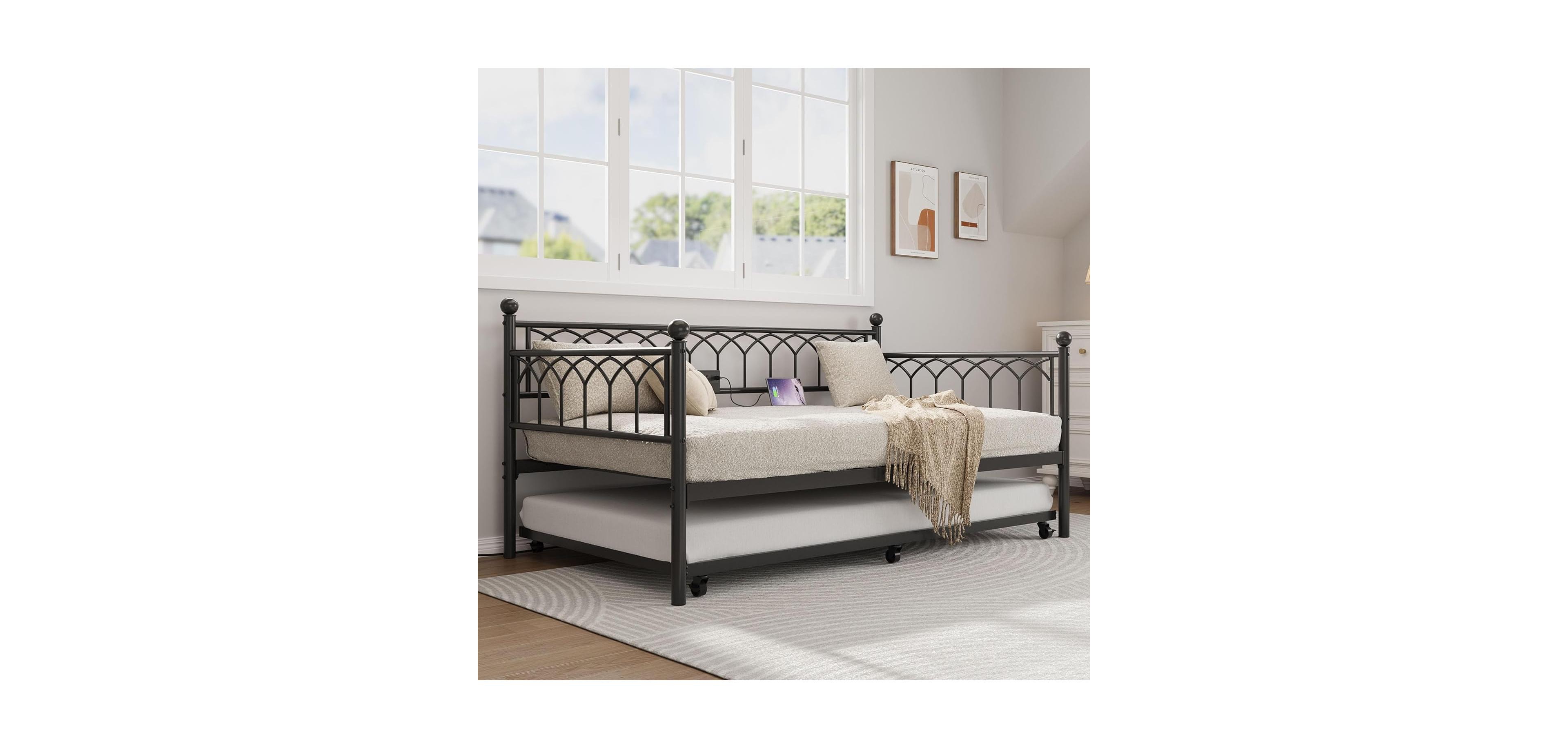 gaomon Twin Size Metal Daybed with Trundle Charging Station Led Lights Sofa Bed for Living Room Guest Room Apartment Black