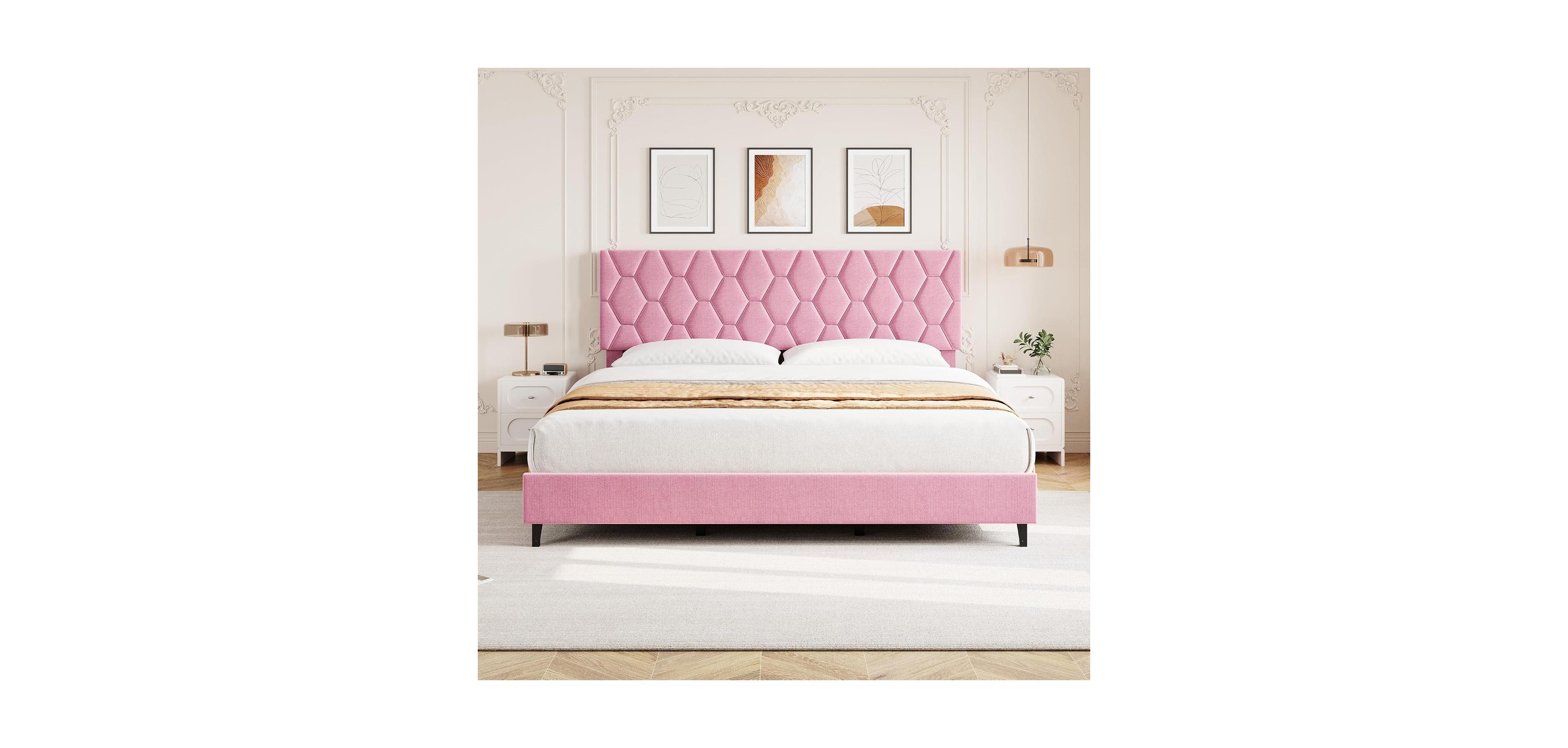 gaomon King Size Metal & Wood Upholstered Headboard Heavy-Duty Noise-Free Platform Bed Frame