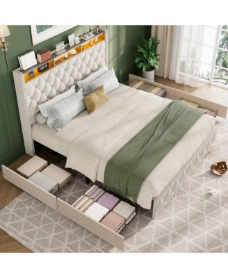 King Bed Frame with 50.8" Tall Headboard, Platform Velvet Upholstered Bed Frame with 4 Storage Drawers