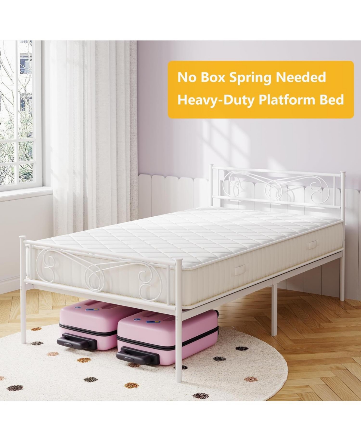 Gaomon Twin Metal Bed Frame for Kids – Platform with Headboard & Footboard, Heavy Duty Slats, No Box Spring, Noise-Free, White