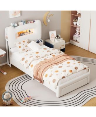 Upholstered Twin LED Platform Bed with 2-Tier Storage Headboard Charging Ports Drawer Metal Support Frame for Kids/Teens No Box Spring