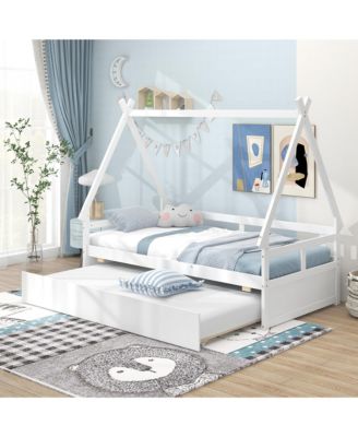 Twin Size House Bed w/ Trundle Roof & Safety Guardrail Wood Slat Support