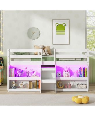 Twin Size Loft Bed w/ LED Lights Staircase & Safety Guardrail Under-bed Storage