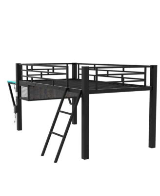 Black Metal Twin Size Gaming Mid Loft Bed with BuiltIn Desk and MultiColor LED Lighting Space Saving Furniture for Kids and Teens Bedrooms