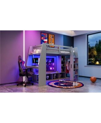 Gray Wood Twin Size Gaming Loft Bed w Built In Desk Storage Cabinets Hanging Clothes Rack LED Lighting Kids Teens Bedroom Furniture