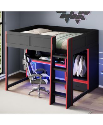 Wood Gaming Loft Bed with BuiltIn Desk Wardrobe and Storage Drawer LED Lighting Space Saving Furniture for Teens and Adults Bedrooms