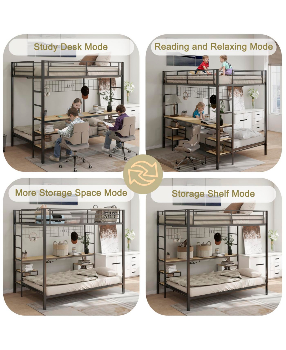 Streamdale Furniture Ethan Bunk Bed with Desk, Storage, Charging Station, Black/Oak