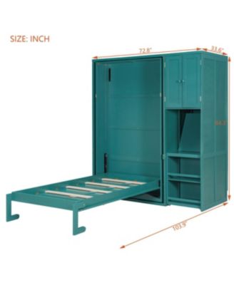 Twin Size Rotating Wall Murphy Bed with Bookshelf & Desk, Teal