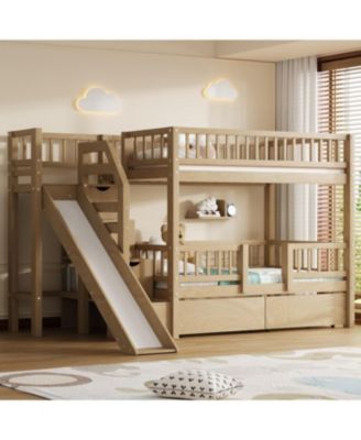 Twin over Twin Bunk Bed w/ Storage Stairs, Slide, 2 Drawers, Walnut