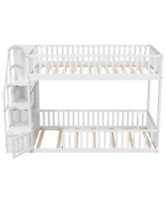 Twin over Twin Floor Bunk Bed, Ladder with Storage