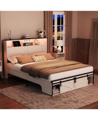 Streamdale Farmhouse Full Size Bed Frame with Storage Headboard, Charging Station & LED Lights, White