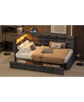 Upholstered Twin Daybed with 2 Drawers, LED Lights & Charging, Gray