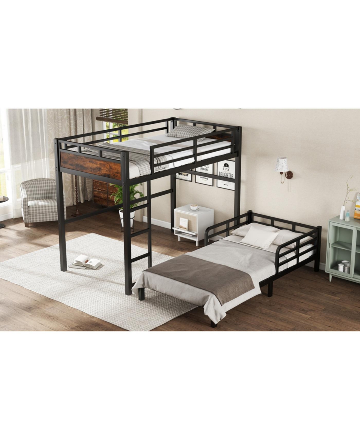 Streamdale Furniture Streamdale Twin Xl over Twin Xl Metal Bunk Bed/Loft Bed with Fence