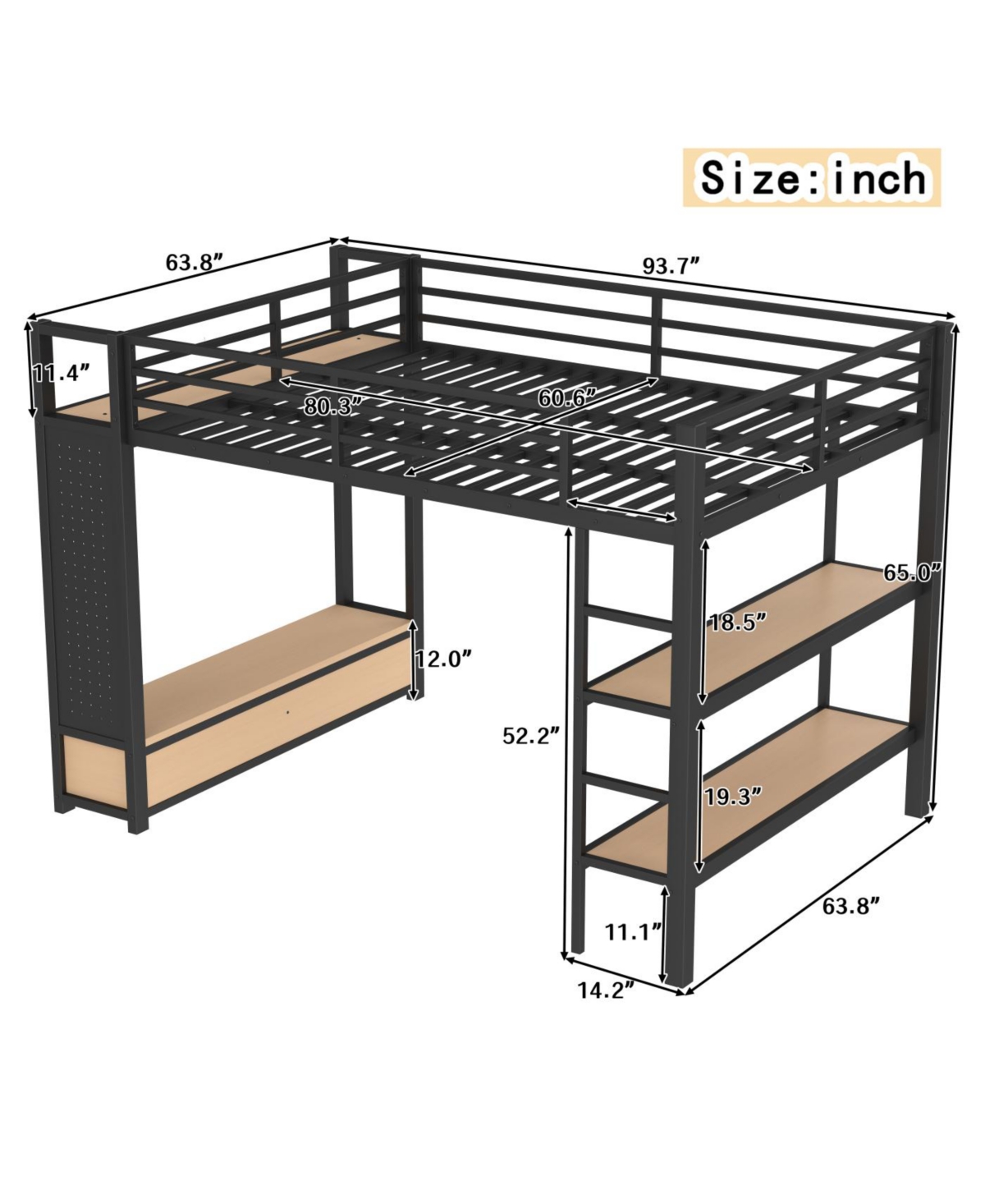 Streamdale Queen Loft Bed Frame with Wardrobe & Storage Shelves, Black