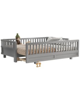 Twin XL Solid Wood Platform Bed with Guardrails, Converts to Queen