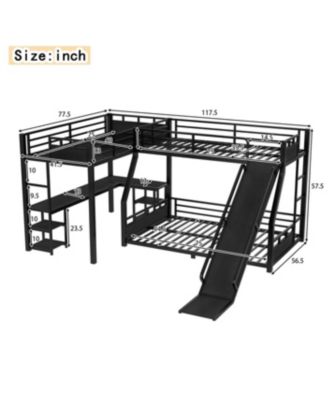 L-Shaped Metal Bunk Bed with Twin Loft, Desk, Storage, and Slide (Black)