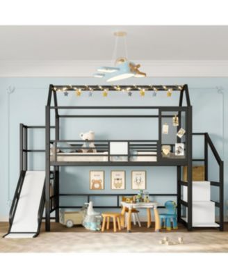 Streamdale Twin Loft Bed with Slide, Stairs, Storage & House Roof - Black