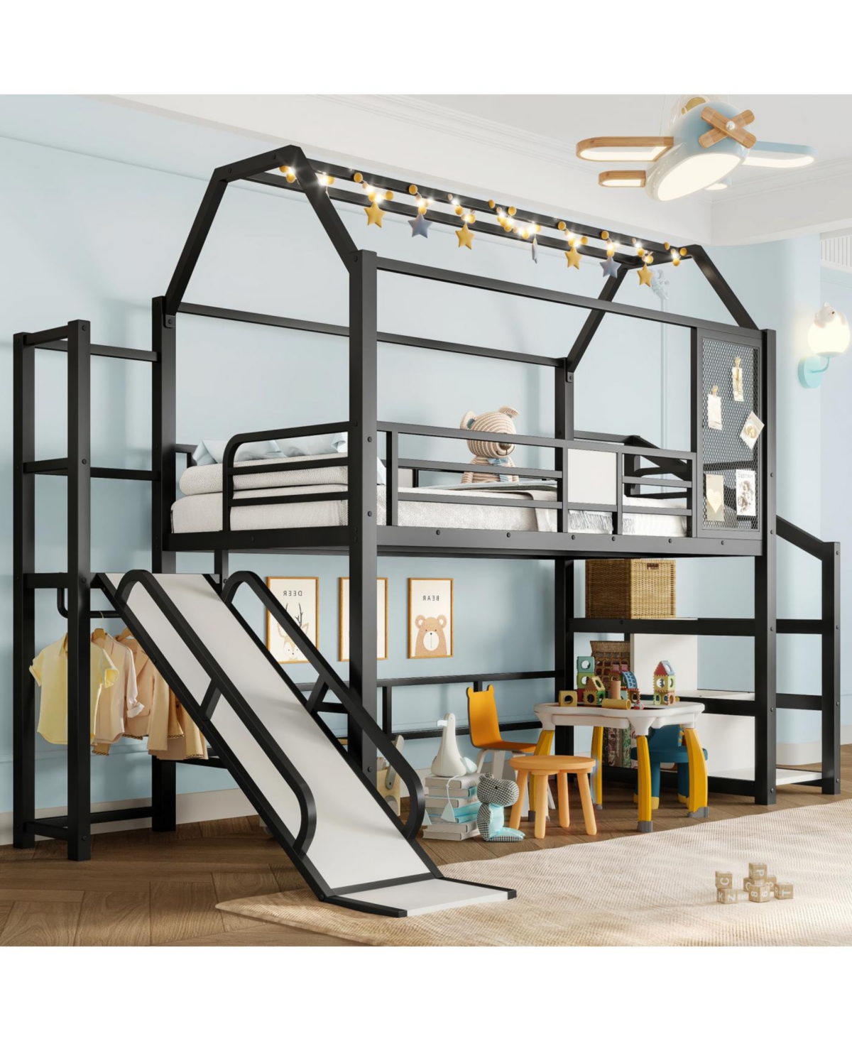 Streamdale Furniture Streamdale Twin Loft Bed with Slide, Stairs, Storage & House Roof - Black