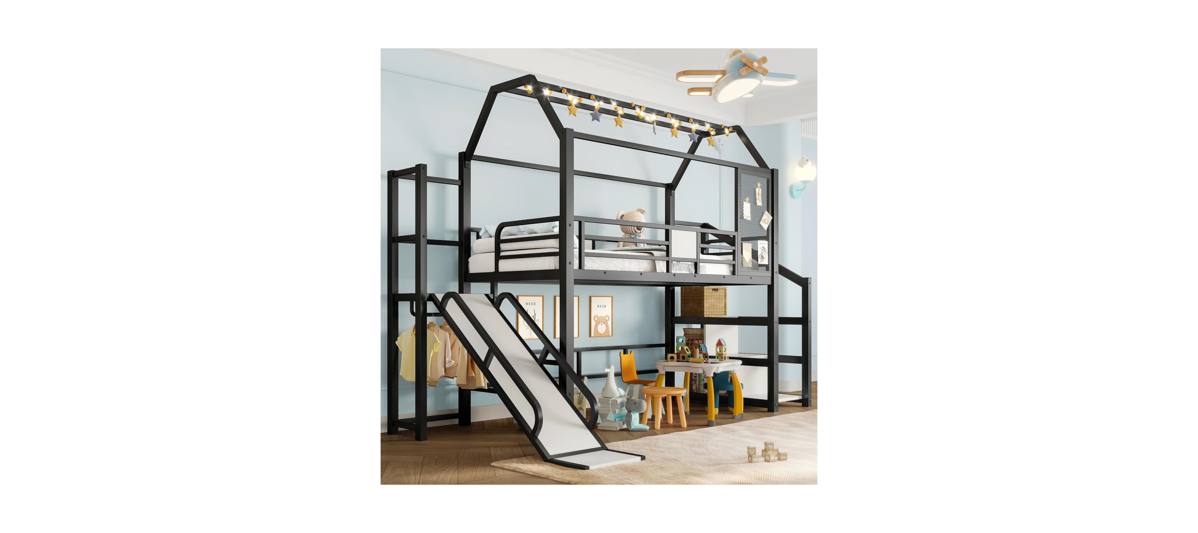 Streamdale Furniture Streamdale Twin Loft Bed with Slide, Stairs, Storage & House Roof - Black