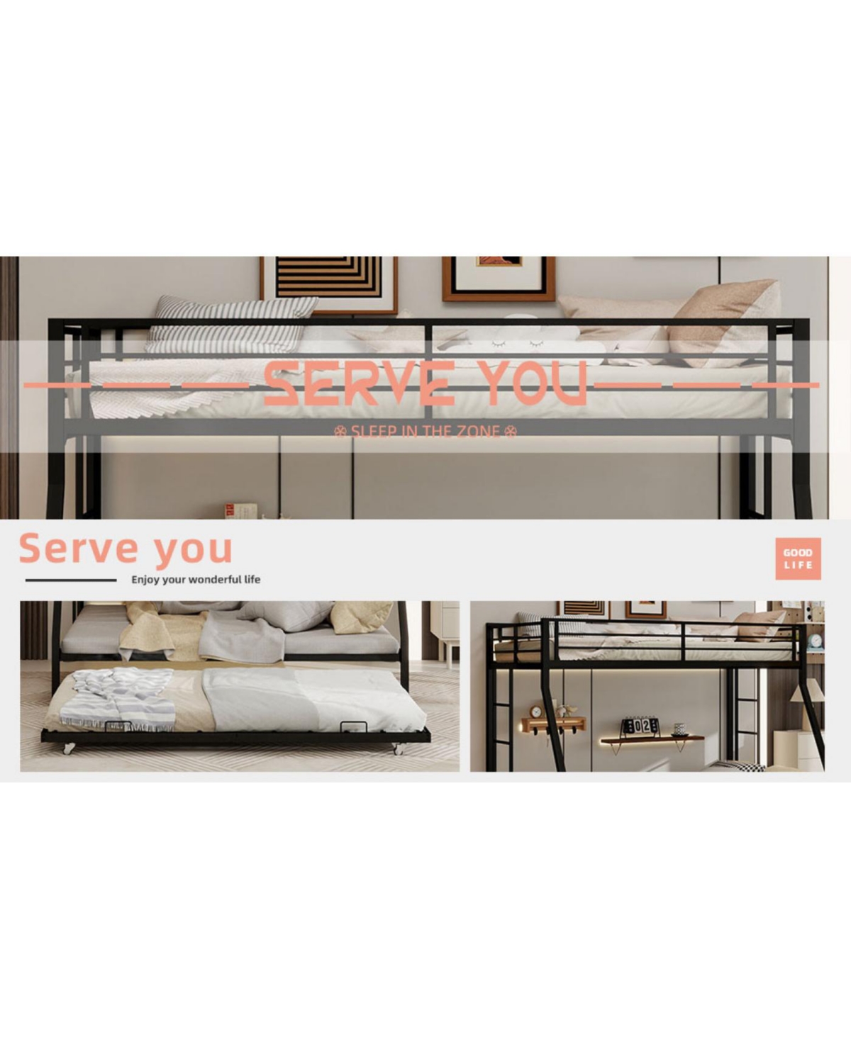 Streamdale High-Stability Square Tube Bunk Bed with Ladder & Trundle - Black