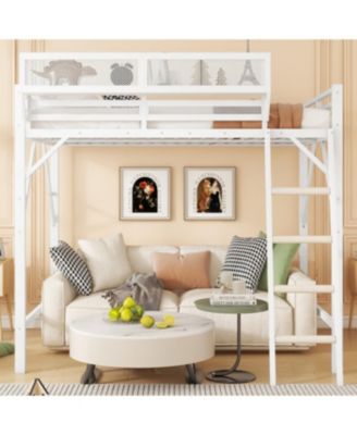  Queen Size Loft Bed with Ladder and Storage Shelves, White