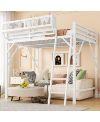  Queen Size Loft Bed with Ladder and Storage Shelves, White