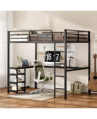 Full Size Loft Bed with Desk & Shelves, Heavy Duty Metal Frame, Black