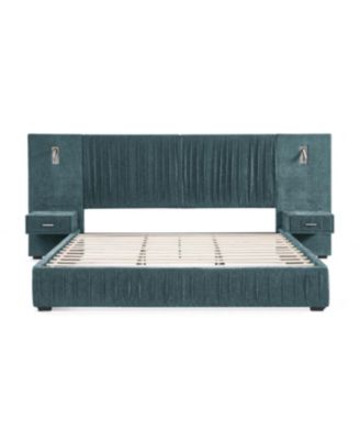 Size Upholstered Bed Frame with Chenille, Pleated Design, No Box Spring Needed-Blue-Green