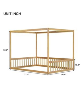 Full Size Canopy Frame Rubber Wood Floor Bed with Fence, Guardrails
