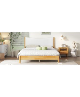 Queen Size Solid Rubber Wood Bed with Boucle Headboard, Beech White