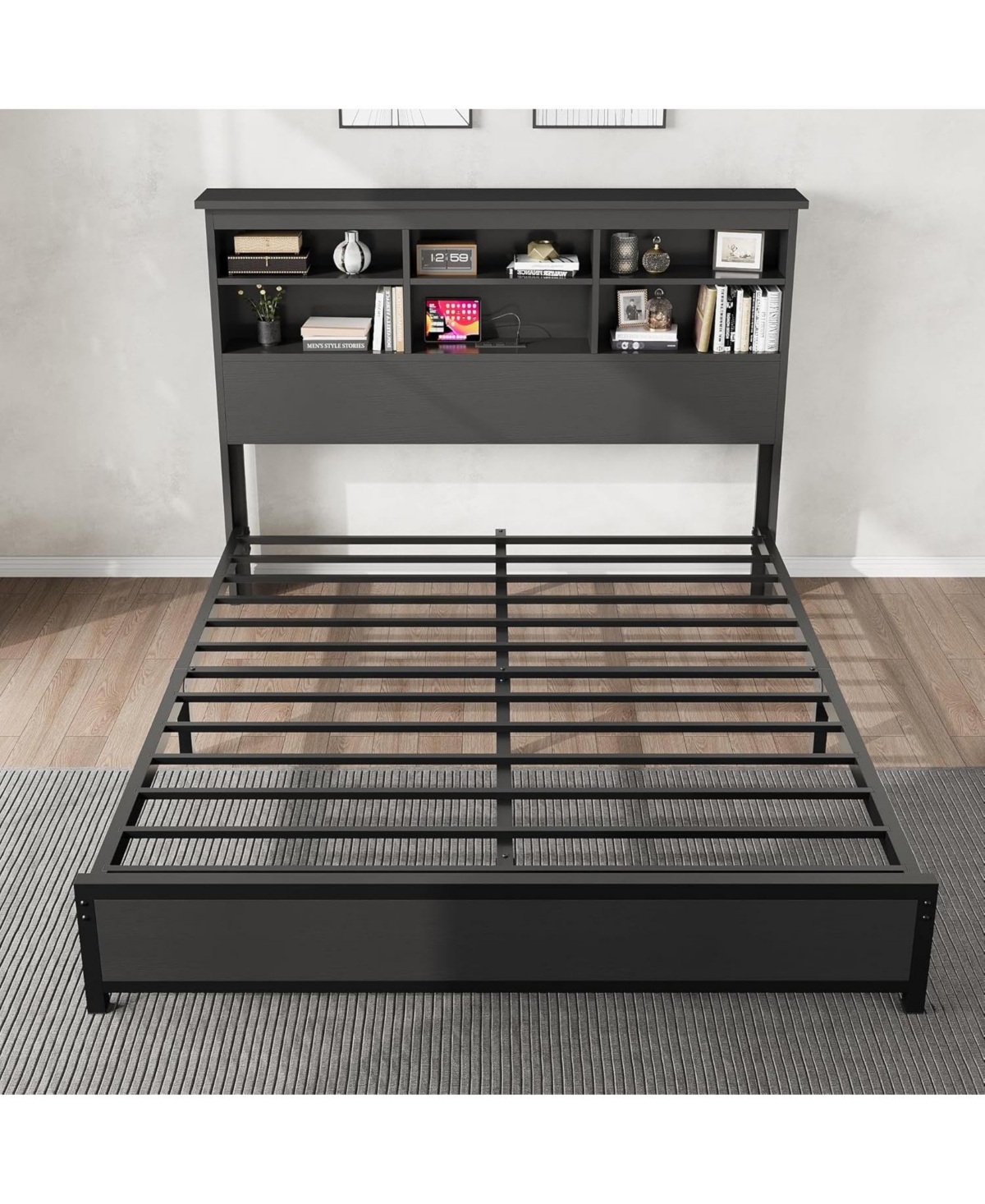 gaomon Full Size Bed Frame with Bookcase Headboard, 2-Tier Storage Platform Bed with Usb Charging Station