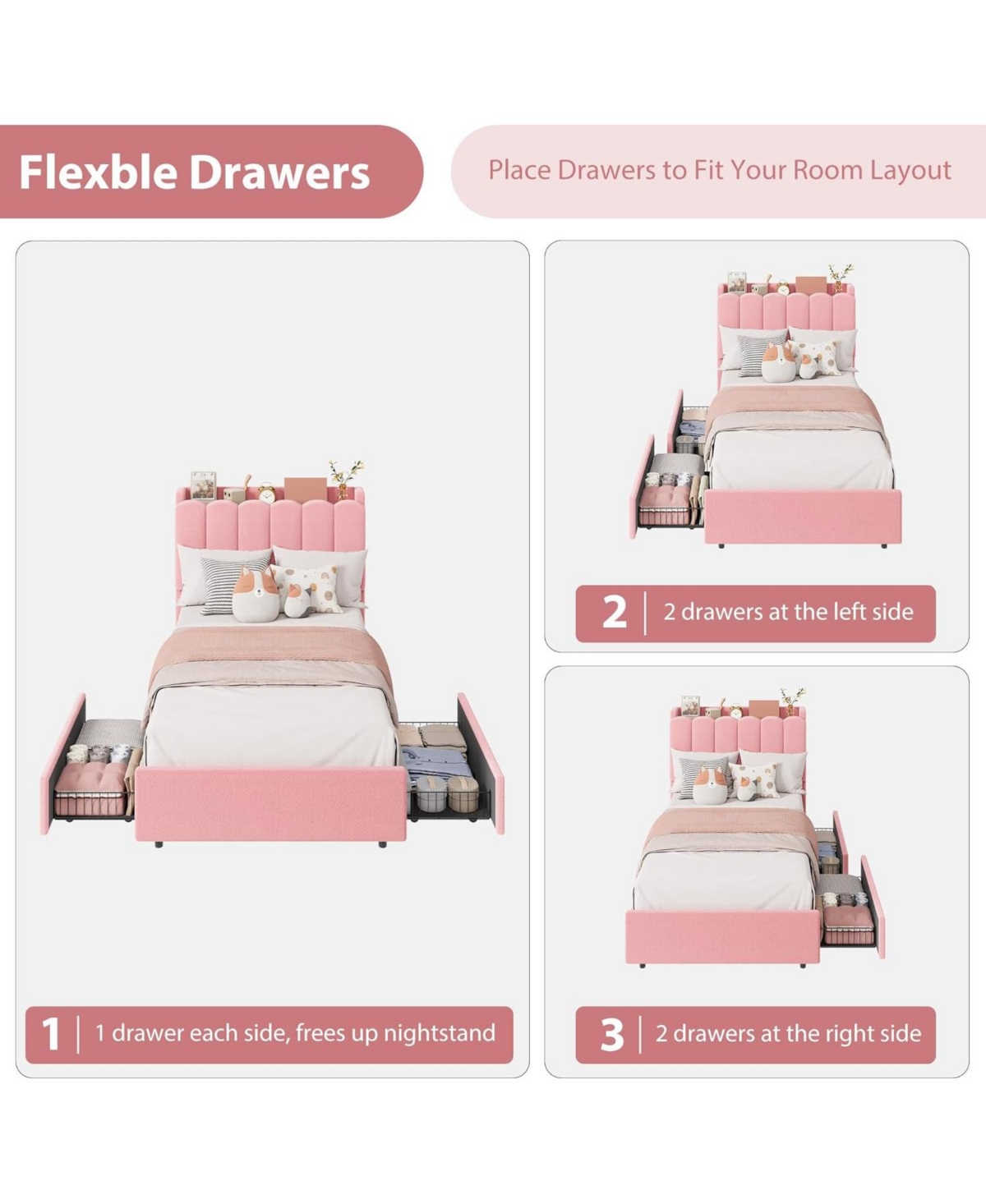 Gaomon Boucle Upholstered Platform Bed Frame with Wavy Headboard and Storage Bookcase, 2 Drawers, No Box Spring Needed