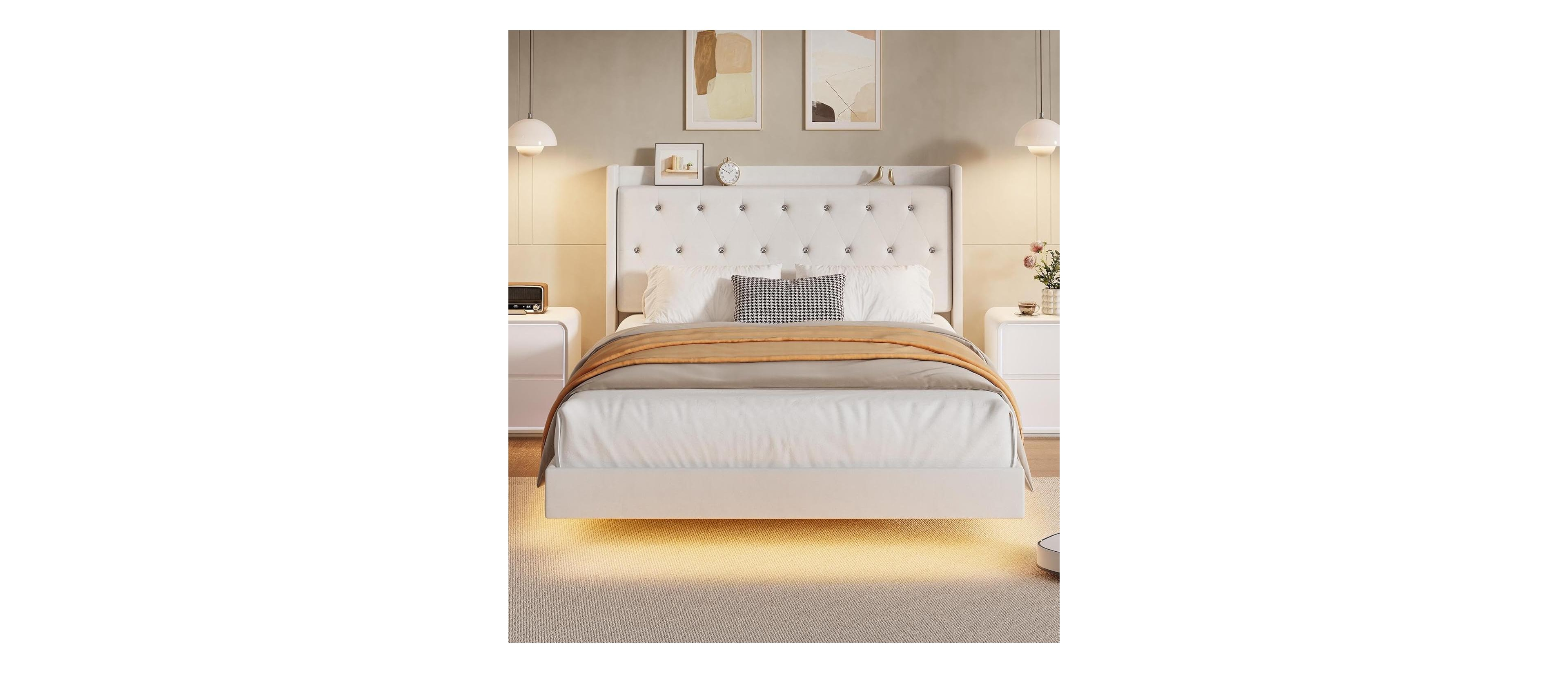 gaomon Floating Bed Frame with Led Lights, Velvet Upholstered Platform Bed with Storage Headboard, No Box Spring Needed, Noise-Free