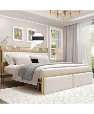 Velvet Upholstered Platform Bed Frame with Curved Button-Tufted Headboard, Golden Base and Sturdy Wood Slat Support