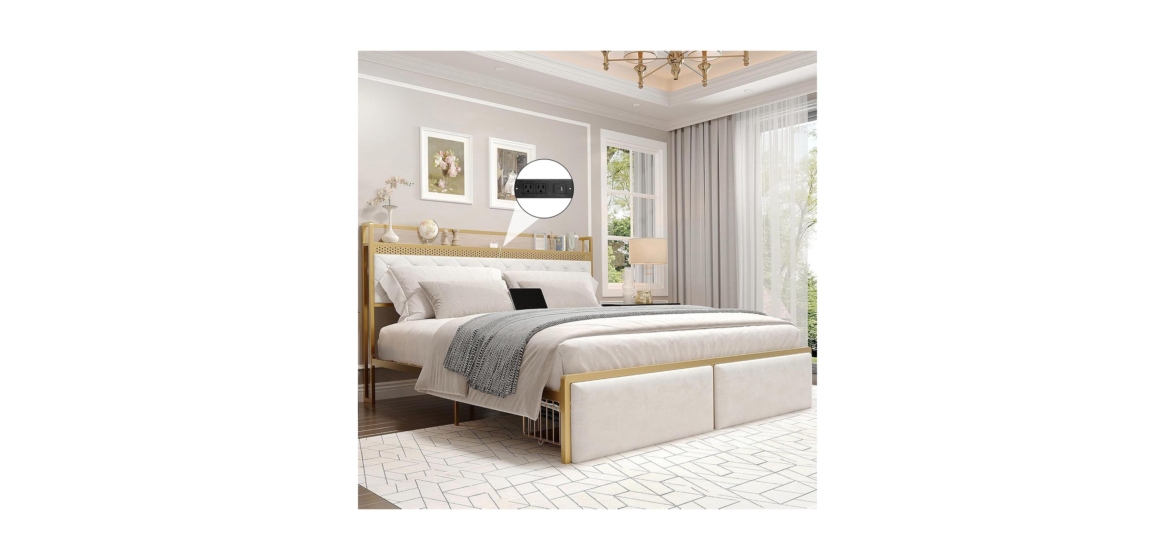 gaomon Velvet Upholstered Platform Bed Frame with Curved Button-Tufted Headboard, Golden Base and Sturdy Wood Slat Support